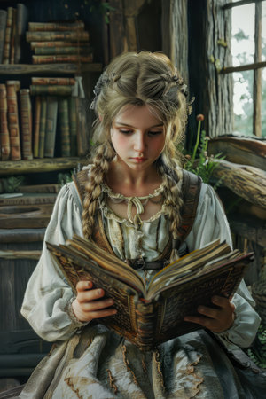 Young Girl in Vintage Dress Engrossed in Reading an Antique Book in a Rustic Old Library Setting AI Generativeの素材