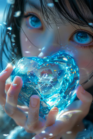 Magical Sapphire Heart Cradled in Hands with Ethereal Blue Light and Sparkles, Fantasy Concept Illustration AI Generativeの素材