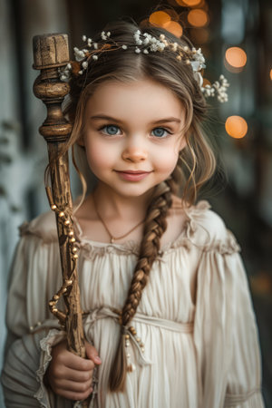 Portrait of a Young Girl with Floral Headband and Braids in Rustic Dress Holding a Wooden Staff AI Generativeの素材