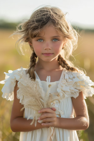 Portrait of a Young Girl with Braided Hair Holding Wheat in a Sunlit Field AI Generativeの素材