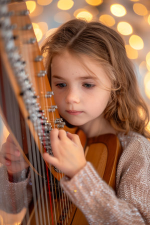 Young Girl Focused on Playing Classical Harp Instrument with Soft Bokeh Lights Background AI Generativeの素材