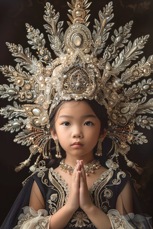 Young Girl in Elaborate Headdress and Costume Posing with Hands in Prayer Gesture against Dark Background AI Generativeの素材