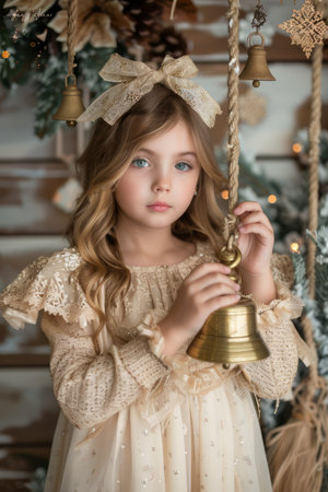 Portrait of a Young Girl in a Vintage Dress Holding a Golden Bell with Christmas Decorations Background AI Generativeの素材