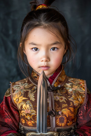 Portrait of a Young Girl in Traditional Asian Attire With a Sword Against a Textured Background AI Generativeの素材