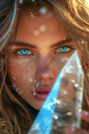 Young Woman with Mesmerizing Blue Eyes Holding Crystal Prism with Sparkling Light Reflections AI Generativeの素材
