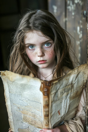 Young Girl with Intense Eyes Holding a Tattered Old Book in a Rustic Setting AI Generativeの素材