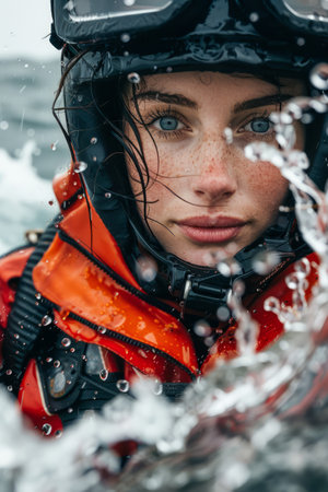 Close up Portrait of a Young Woman in Wetsuit and Helmet with Water Droplets on Visor AI Generativeの素材