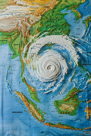 Detailed Illustration of a Hurricane on a Geographic Map Showing Atmospheric Pressure and Weather Patterns AI Generativeの素材