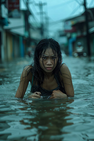 Young Woman Struggling Through Deep Urban Floodwaters Under Stormy Sky AI Generativeの素材