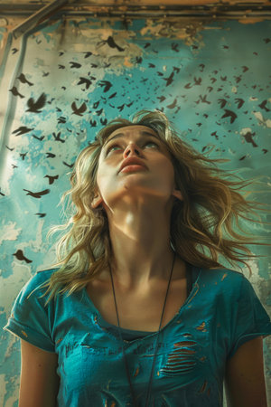 Young Woman in Blue T Shirt Gazing Upwards Surrounded by Fluttering Butterflies in Rustic Setting AI Generativeの素材