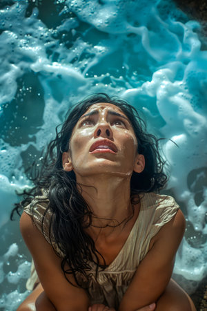 Woman Gazing Up at Splashing Waves with Sunlight Filtering Through Water Dramatic Nature Encounter Scene AI Generativeの素材