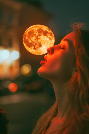 Mystical Portrait of Young Woman with Full Moon, Urban Fantasy Concept with Night City Lights AI Generativeの素材