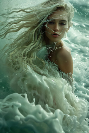 Ethereal Woman with Flowing Hair Immersed in Aquatic Environment Exuding Mystique and Fantasy AI Generativeの素材
