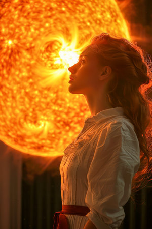 Woman in White Shirt Gazing at Intense Glowing Orange Sun, Conceptual Solar Power Portrait AI Generativeの素材