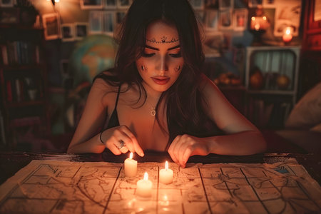Mysterious Woman Reading Map by Candlelight in Dark Room with Vintage Atmosphere AI Generativeの素材