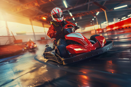 Thrilling Indoor Go Kart Racing Experience with Driver in Sharp Focus on Speedy Kart Circuit AI Generativeの素材