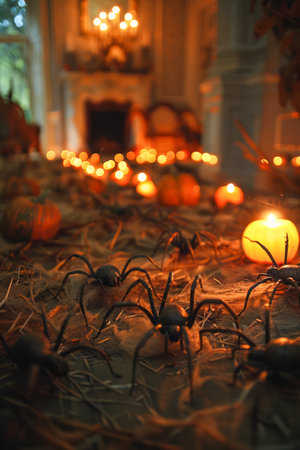 Spooky Halloween Atmosphere with Pumpkins, Candles and Creepy Spiders on Cobweb Covered Table AI Generativeの素材