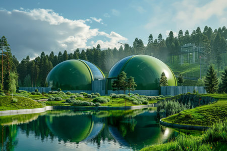 Scenic View of Spherical Biogas Plant in Lush Green Forest Environment with Reflective Lake Under Clear Sky AI Generativeの素材