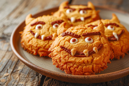 Homemade Halloween Monster Cookies with Candy Eyes on a Wooden Table for Festive Autumn Celebrations AI Generativeの素材