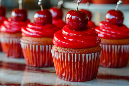 Vibrant Red Cherry Topped Cupcakes on Striped Tablecloth for Celebrations and Parties AI Generativeの素材