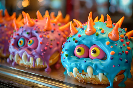 Colorful Monster Themed Doughnuts Displayed in Bakery Case with Vibrant Icing and Playful Decorations AI Generativeの素材
