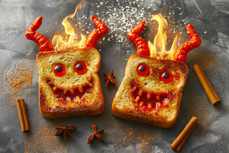 Spooky Flaming Monster Toasts on a Dark Table with Cinnamon Sticks and Stars Creative Halloween Breakfast Concept AI Generativeの素材
