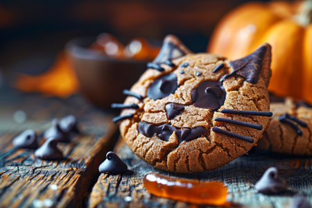 Halloween Celebration Concept with Cat Shaped Cookie, Pumpkins, and Candy on Rustic Wood Background AI Generativeの素材