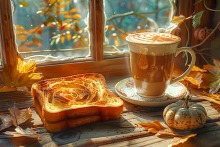 Cozy Autumn Breakfast Scene with Coffee and Toast by the Window with Fall Leaves AI Generativeの素材