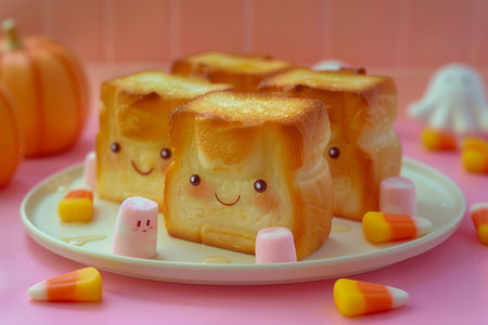 Cute Animated Toast Characters on Plate with Halloween Candy Corn and Decorations on Pink Background AI Generativeの素材