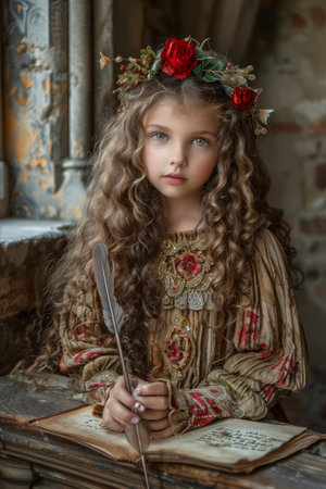 Portrait of a Young Girl with Flower Crown Holding Quill and Ancient Book in Rustic Setting AI Generativeの素材