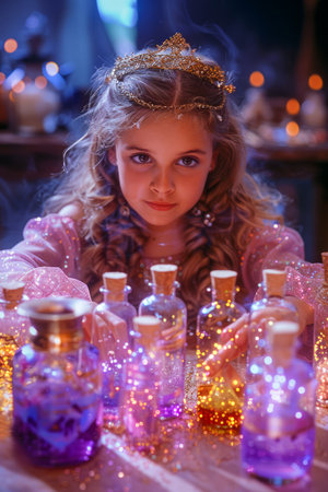 Enchanting Young Girl with Sparkling Fairy Lights and Magical Jars Decoration in a Dreamy Atmosphere AI Generativeの素材