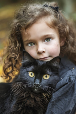 Portrait of a Young Girl with Curly Hair Holding a Black Cat in Autumnal Setting AI Generativeの素材
