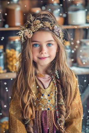 Charming Little Girl with a Floral Crown in a Rustic Setting with Sparkling Lights AI Generativeの素材
