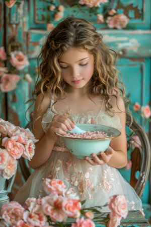 Young Girl in a Fairy Tale Setting Holding a Bowl Amongst Floral Arrangements in Pastel Room AI Generativeの素材