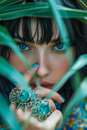 Close up Portrait of a Young Woman with Striking Blue Eyes through Green Foliage with Bohemian Jewelry AI Generativeの素材