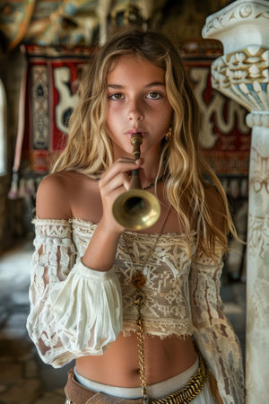 Young Woman in Bohemian Attire Playing Vintage Trumpet in Rustic Setting AI Generativeの素材