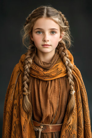 Portrait of a Young Girl with Braided Hair Wearing Traditional Rustic Clothing on Dark Background AI Generativeの素材
