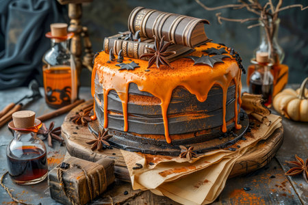 Artisan Chocolate Halloween Cake with Orange Glaze, Festive Decorations, and Vintage Ambiance on Wooden Table AI Generativeの素材