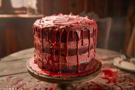 Delicious Red Velvet Cake with Cream Cheese Frosting on Elegant Stand for Celebrations and Parties AI Generativeの素材