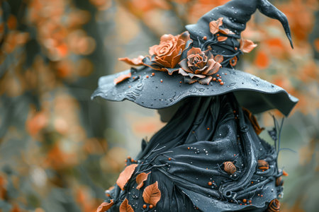 Enchanting Autumn Witch Hat Adorned with Orange Leaves and Dew Drops on a Mystical Foggy Background AI Generativeの素材