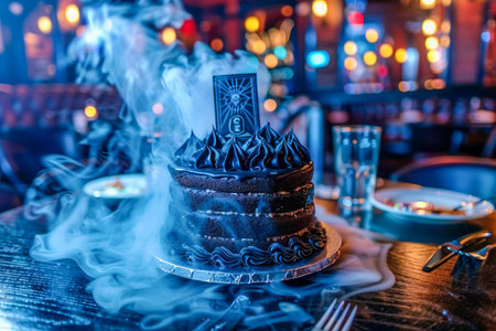Enigmatic Smoky Black Birthday Cake on a Table in a Vibrant Evening Party Atmosphere with Blurred Background AI Generativeの素材