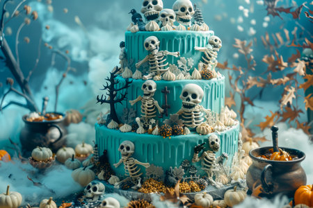Spooky Halloween Themed Cake with Skeleton Decorations Amidst Fall Leaves and Cauldron AI Generativeの素材