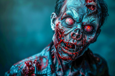 Terrifying Undead Zombie with Glowing Red Eyes in a Creepy Dark Atmosphere Perfect for Horror Themed Projects and Halloween Concepts AI Generativeの素材
