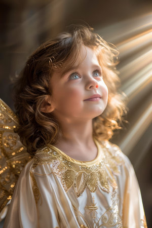 Angelic Child with Golden Wings Bathed in Sunlight Looking Upward in Awe and Wonder AI Generativeの素材