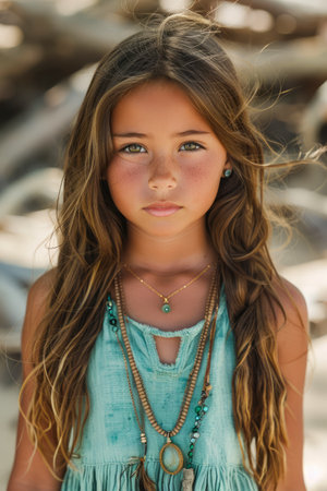 Portrait of a Young Girl with Suntan in Turquoise Dress with Bohemian Jewelry Looking at Camera on a Sunny Beach Day AI Generativeの素材