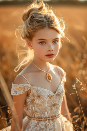 Elegant Young Girl with Stylish Hairdo Dressed in a Chic Lace Dress Posing in Golden Hour Light amidst Wheat Field AI Generativeの素材