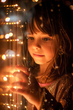 Enchanted Young Girl Gazing with Amazement at Sparkling Fairy Lights, Magical Childhood Moment AI Generativeの素材