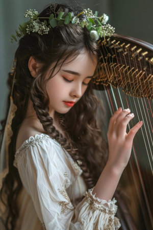 Elegant Young Woman with Flower Crown Playing Classic Harp in Vintage Dress AI Generativeの素材