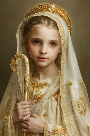 Serene Young Girl in Elegant Vintage Costume with Golden Tiara and Staff Posing for Historical Portrait AI Generativeの素材