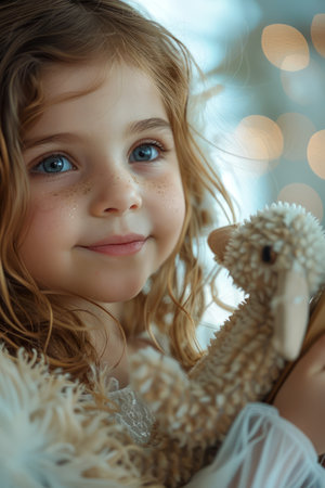 Portrait of a Smiling Young Girl Holding a Stuffed Animal Toy with Warm Bokeh Lights Background AI Generativeの素材